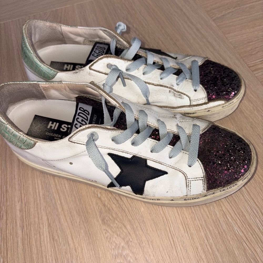 Golden Goose Hi Star White Leather Sneakers with Purple Glitter and Black Star